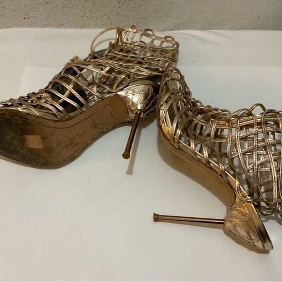 Sophia Webster Delphine Leather Gold /Caged Tie Lace Up Booties Heels 39 - Picture 12 of 15